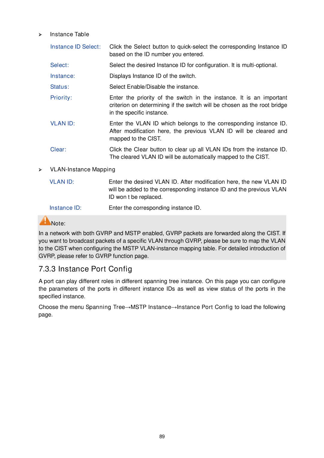 TP-Link TL-SG3424P manual Instance Port Config, ¾ Instance Table, Clear, ¾ VLAN-Instance Mapping 