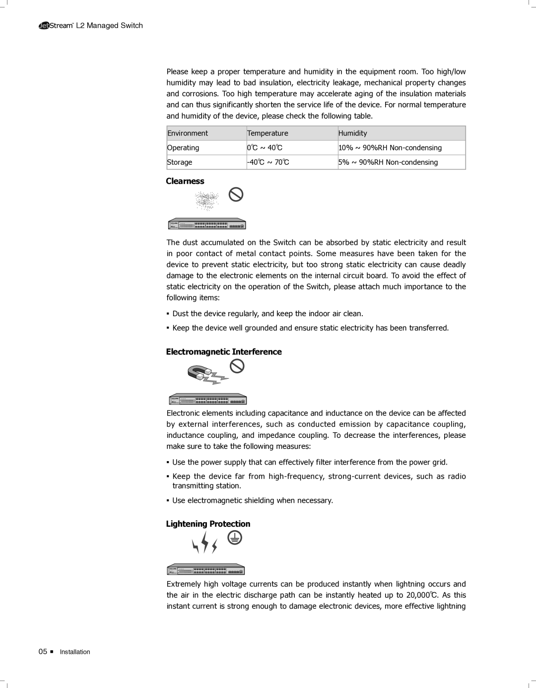 TP-Link TL-SG5412F, TL-SG5428 manual Clearness, Electromagnetic Interference, Lightening Protection 