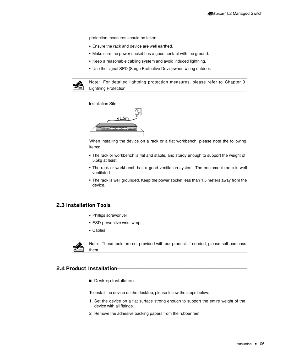 TP-Link TL-SG5428, TL-SG5412F 2222Installation Tools, 2222Product Installation, Installation Site, Desktop Installation 