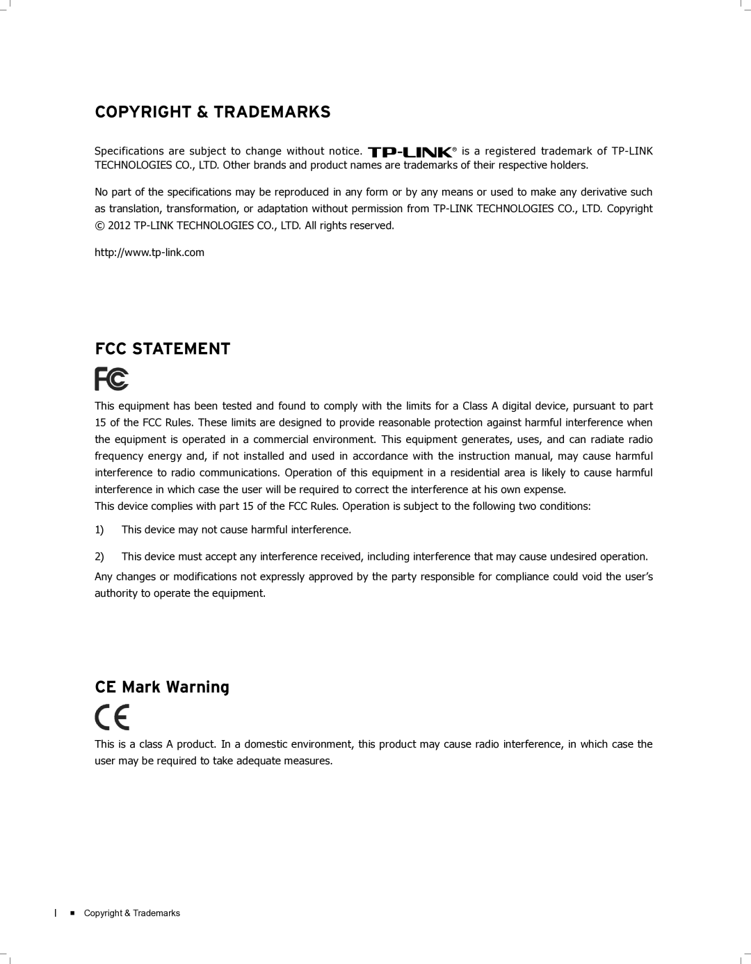 TP-Link TL-SG5412F, TL-SG5428 manual Copyright & Trademarks FCC Statement 