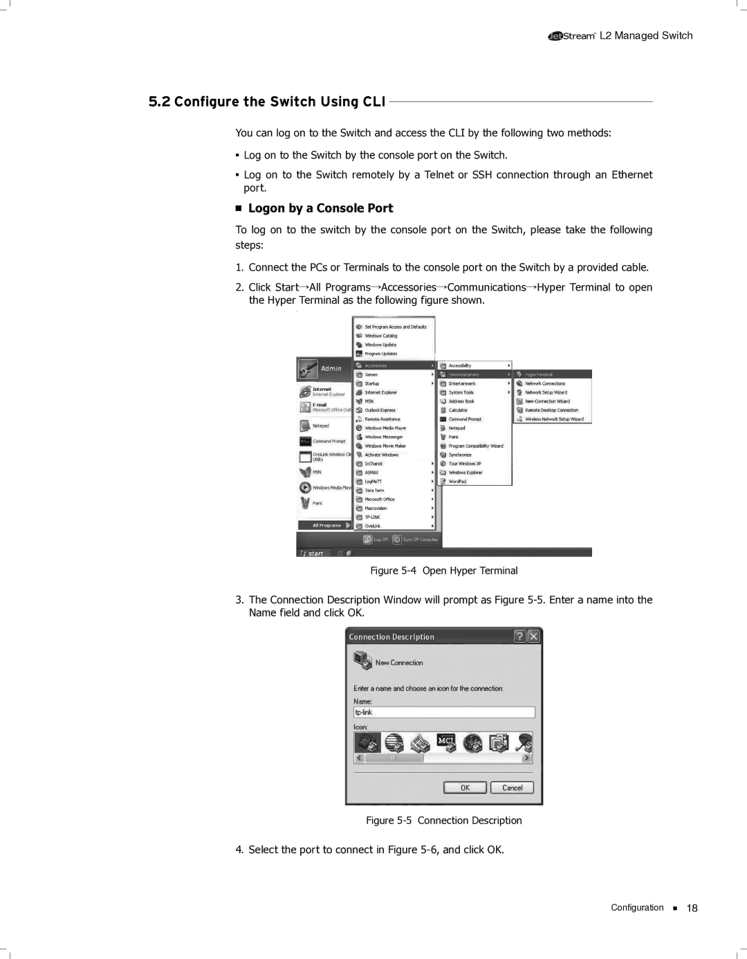 TP-Link TL-SG5428, TL-SG5412F manual 5555Configure the Switch Using CLI, Logon by a Console Port 