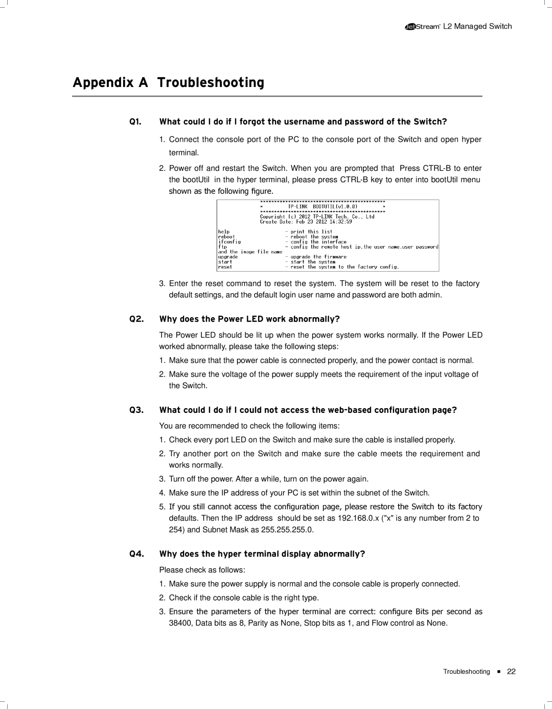 TP-Link TL-SG5428, TL-SG5412F manual AAAAAAAAAAAATroubleshooting, Qqqq Why does the Power LED work abnormally? 