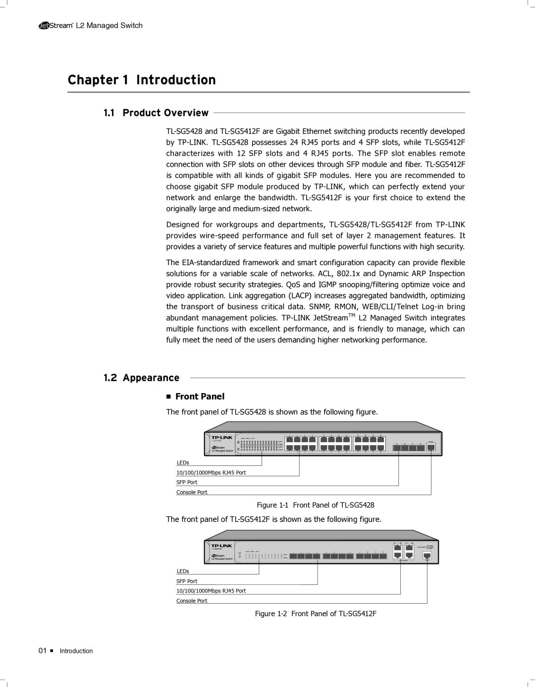 TP-Link TL-SG5412F, TL-SG5428 manual CCCCCCCCCCCIntroduction, Product Overview, Appearance, Front Panel 