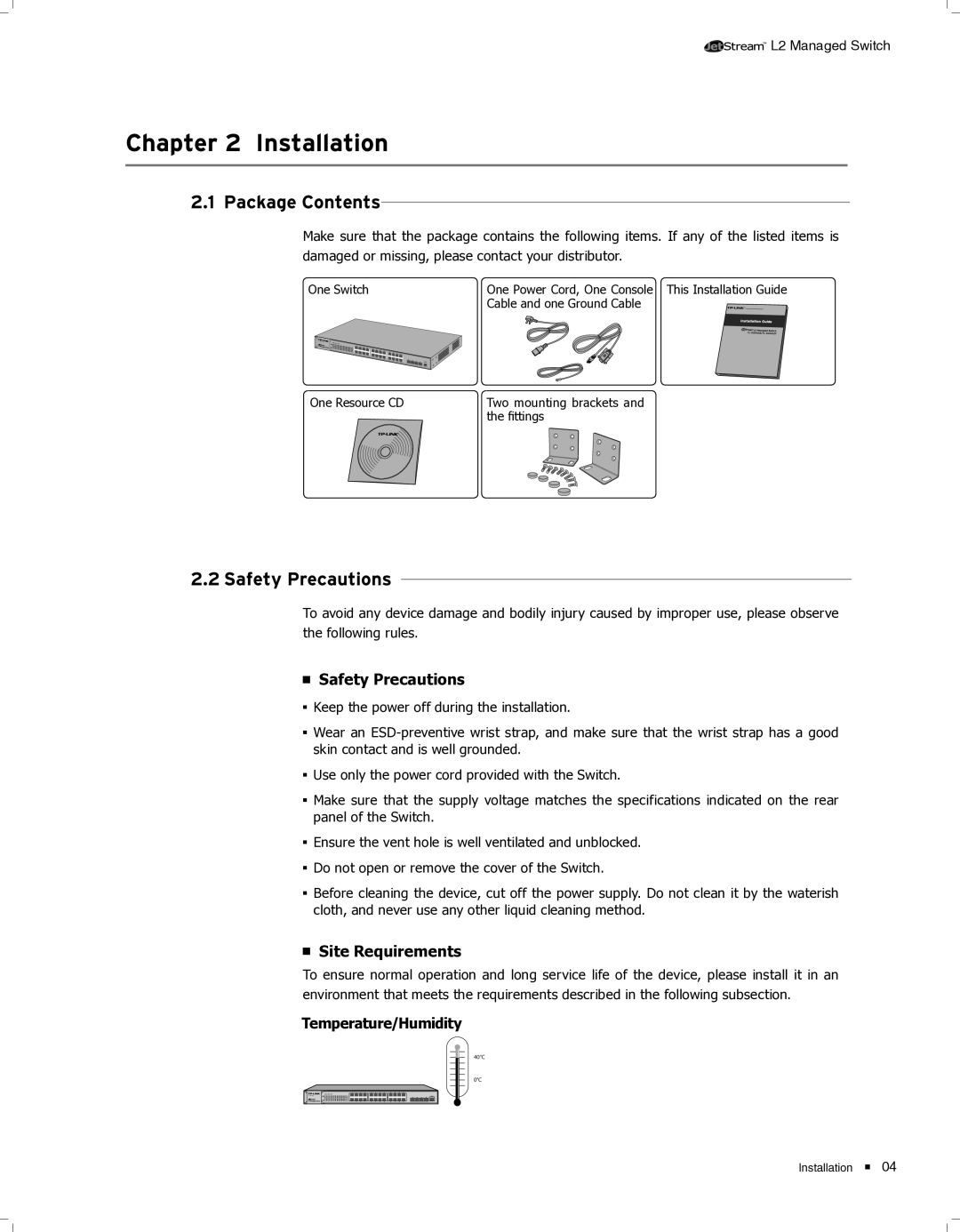 TP-Link TL-SG5428, TL-SG5412F manual CCCCCCCCCCCInstallation, Package Contents, 2222Safety Precautions 