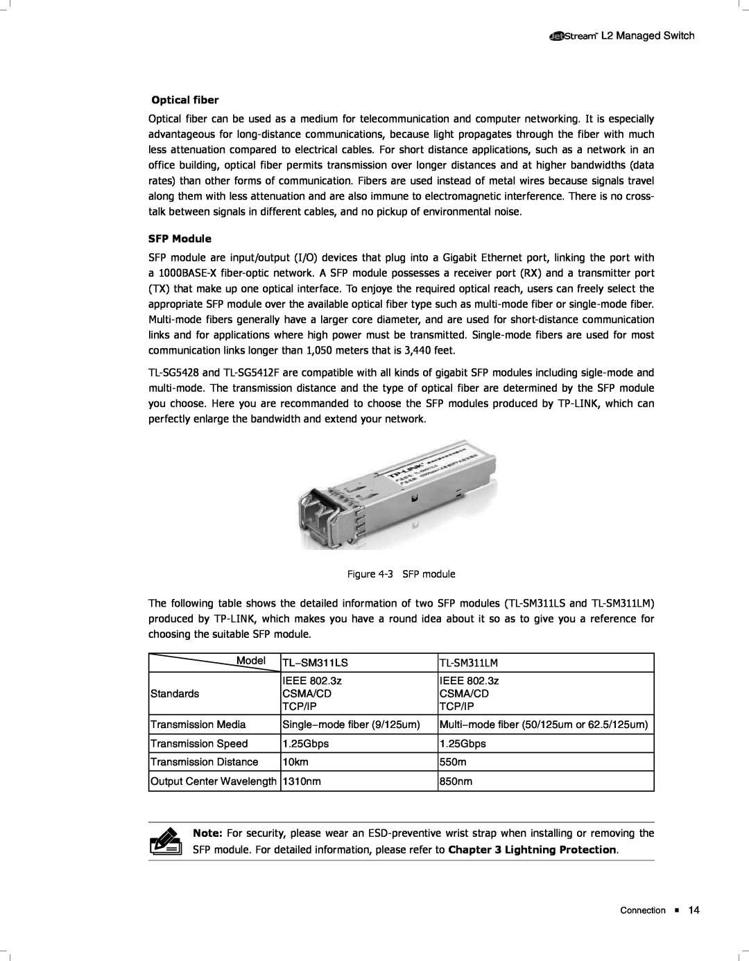 TP-Link TL-SG5428, TL-SG5412F manual Optical fiber, SFP Module 