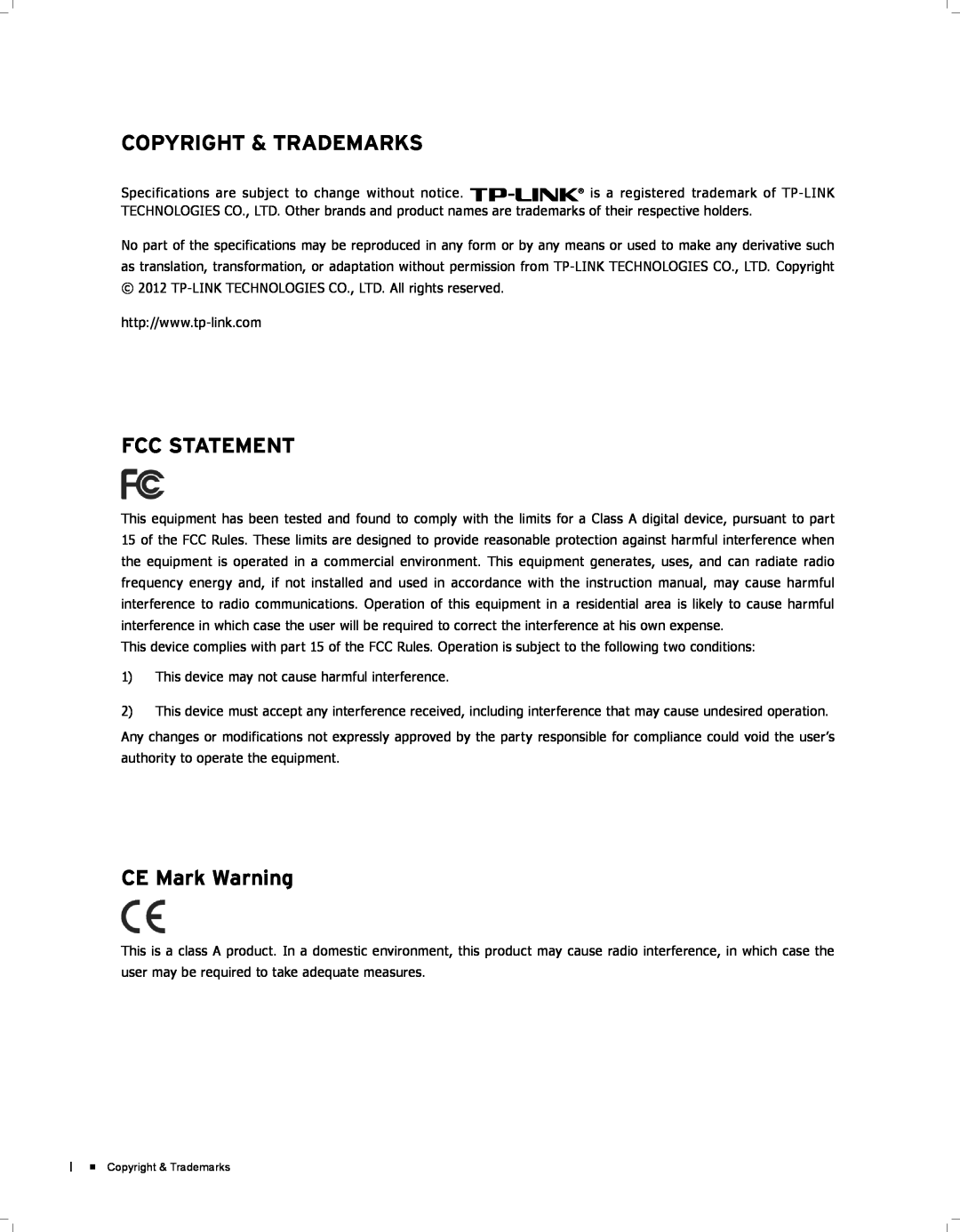 TP-Link TL-SG5412F, TL-SG5428 manual Copyright & Trademarks, Fcc Statement, CE Mark Warning 