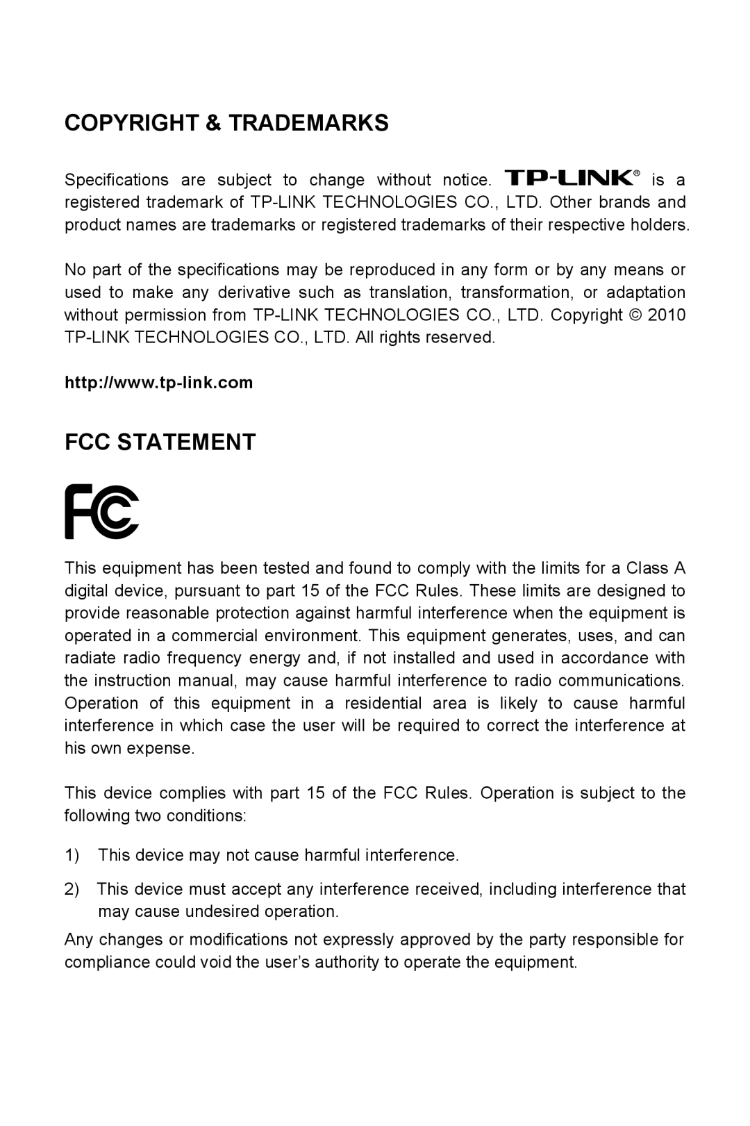 TP-Link TL-SL1117, TL-SL1226, TL-SL1351, TL-SL1210 manual Copyright & Trademarks FCC Statement 