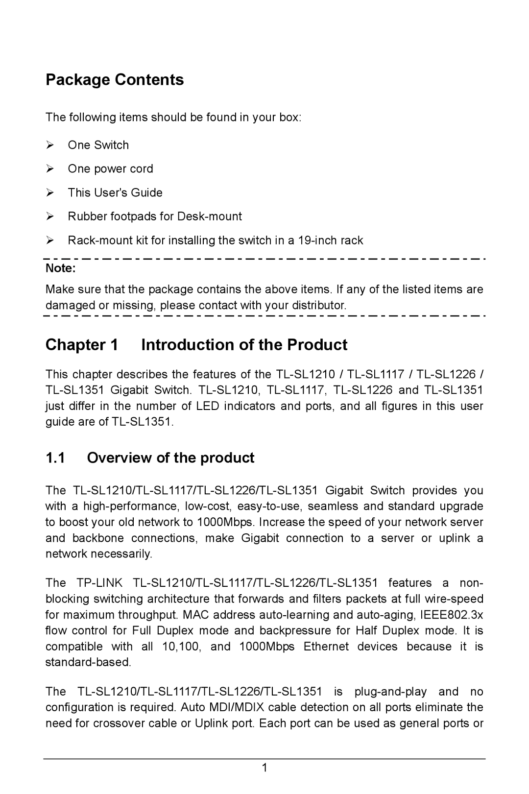 TP-Link TL-SL1351, TL-SL1226, TL-SL1117, TL-SL1210 manual Package Contents, Introduction of the Product 