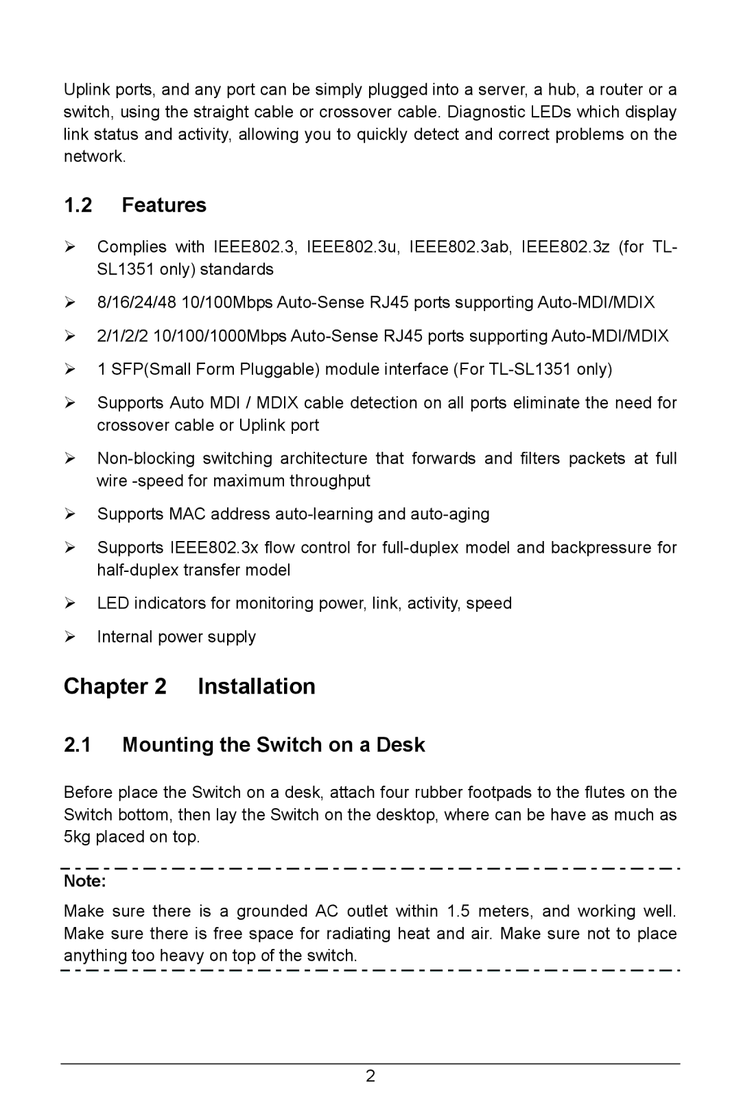 TP-Link TL-SL1117, TL-SL1226, TL-SL1351, TL-SL1210 manual Installation, Features, Mounting the Switch on a Desk 