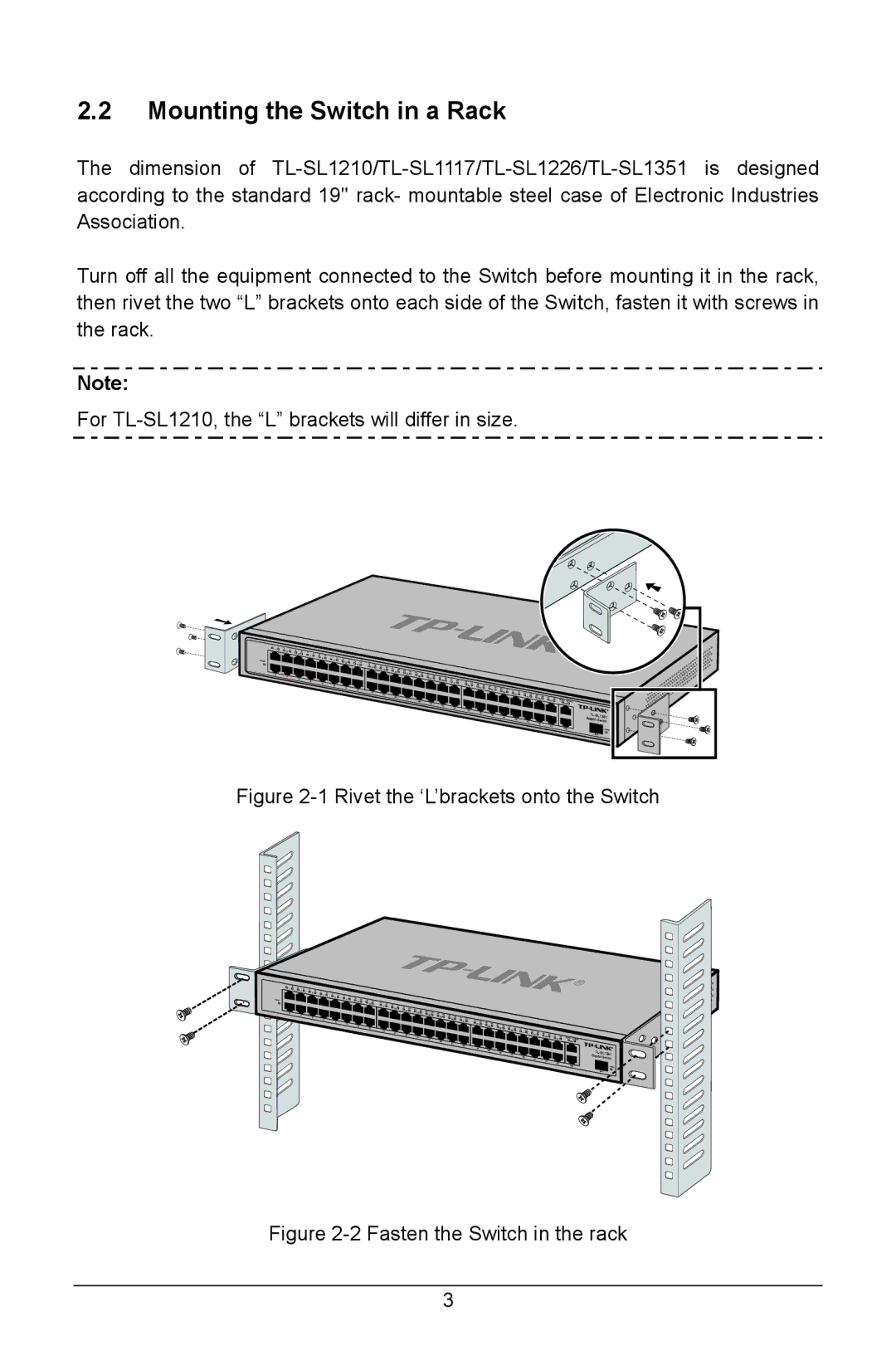 TP-Link TL-SL1210, TL-SL1226, TL-SL1351, TL-SL1117 manual Mounting the Switch in a Rack, Rivet the ‘L’brackets onto the Switch 