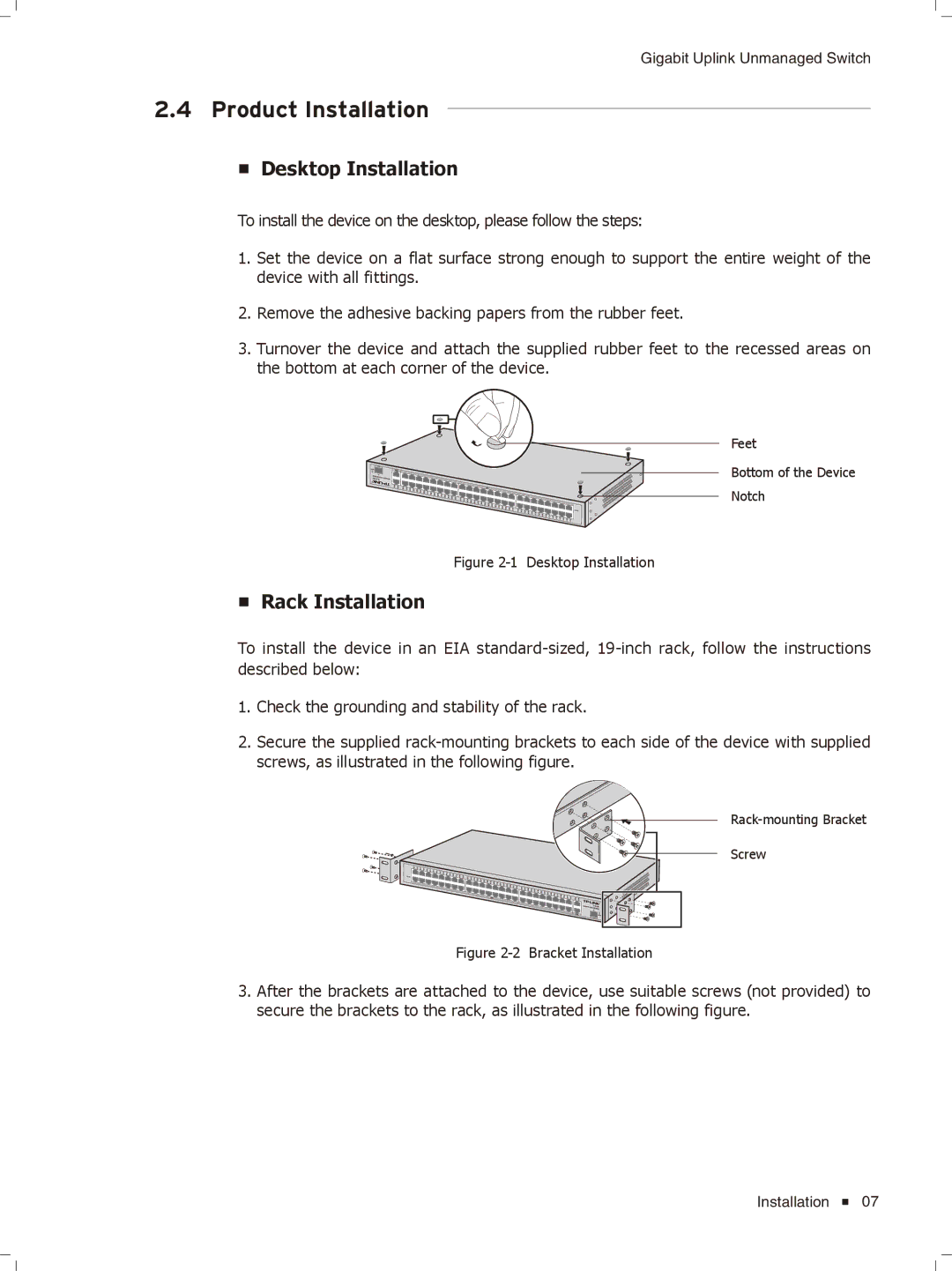 TP-Link TL-SL1351, TL-SL1226 manual Product Installation, Desktop Installation, Rack Installation 