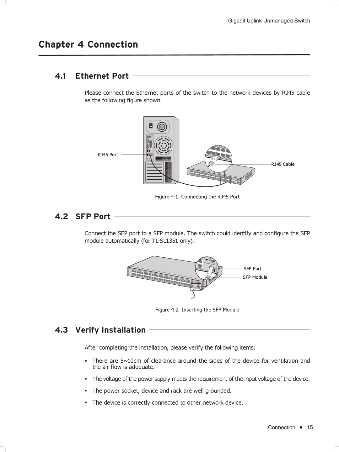 TP-Link TL-SL1351, TL-SL1226 manual Connection, Ethernet Port, SFP Port, Verify Installation 