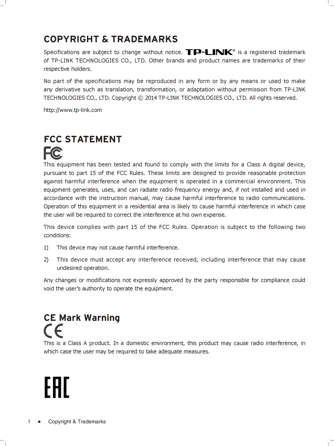 TP-Link TL-SL1226, TL-SL1351 manual Copyright & Trademarks FCC Statement, CE Mark Warning 