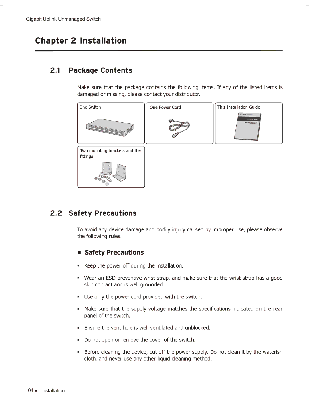 TP-Link TL-SL1226, TL-SL1351 manual Installation, Package Contents, Safety Precautions 