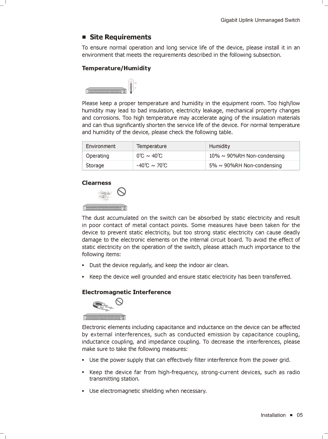 TP-Link TL-SL1351, TL-SL1226 manual Site Requirements, Temperature/Humidity, Clearness, Electromagnetic Interference 