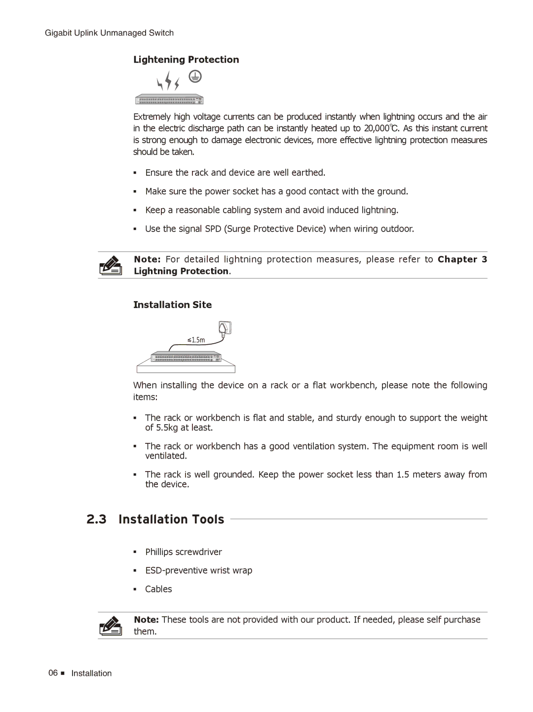TP-Link TL-SL1226/TL-SL1351 manual Installation Tools, Lightening Protection, Installation Site 