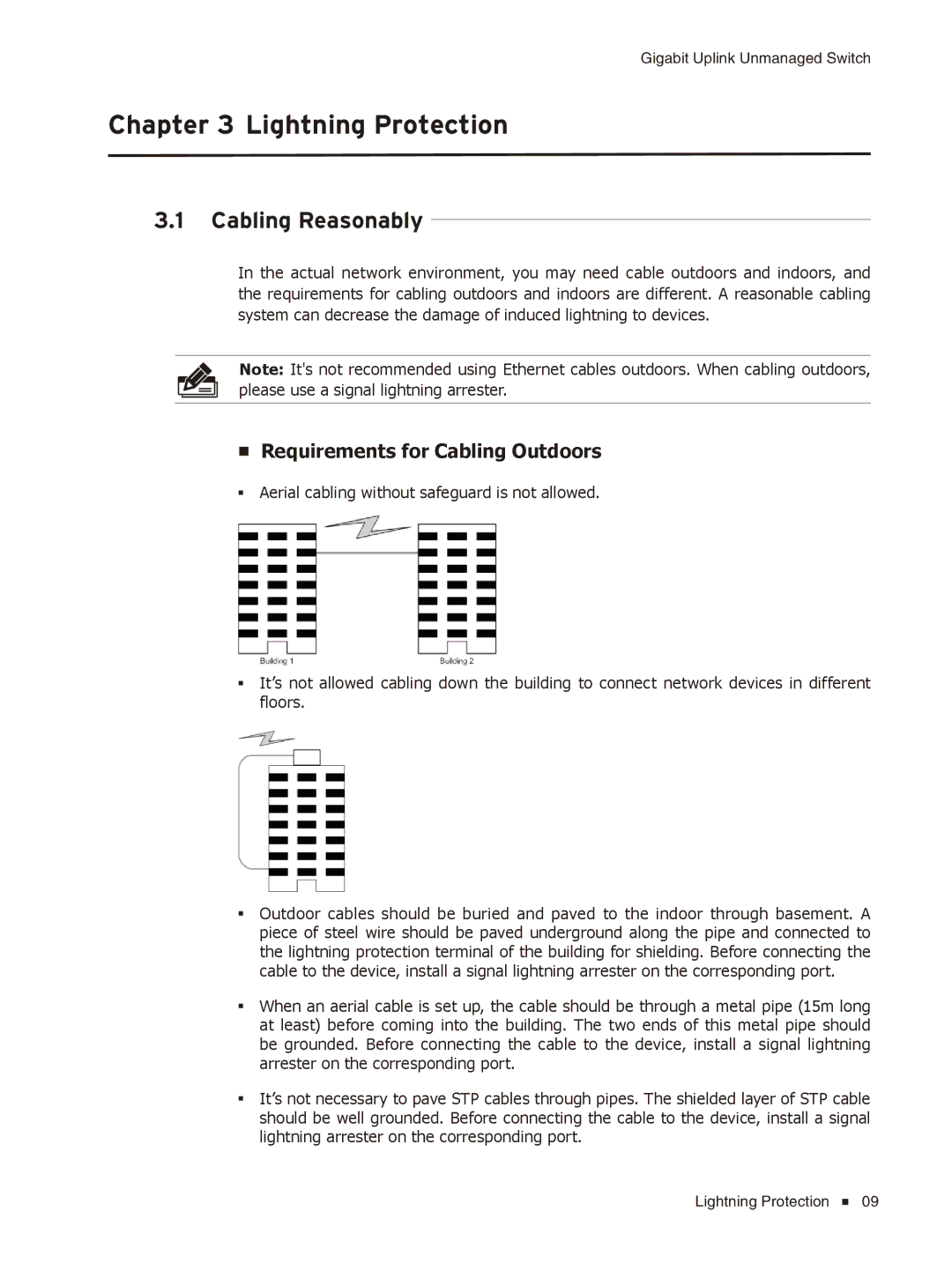 TP-Link TL-SL1226/TL-SL1351 manual Lightning Protection, Cabling Reasonably, Requirements for Cabling Outdoors 