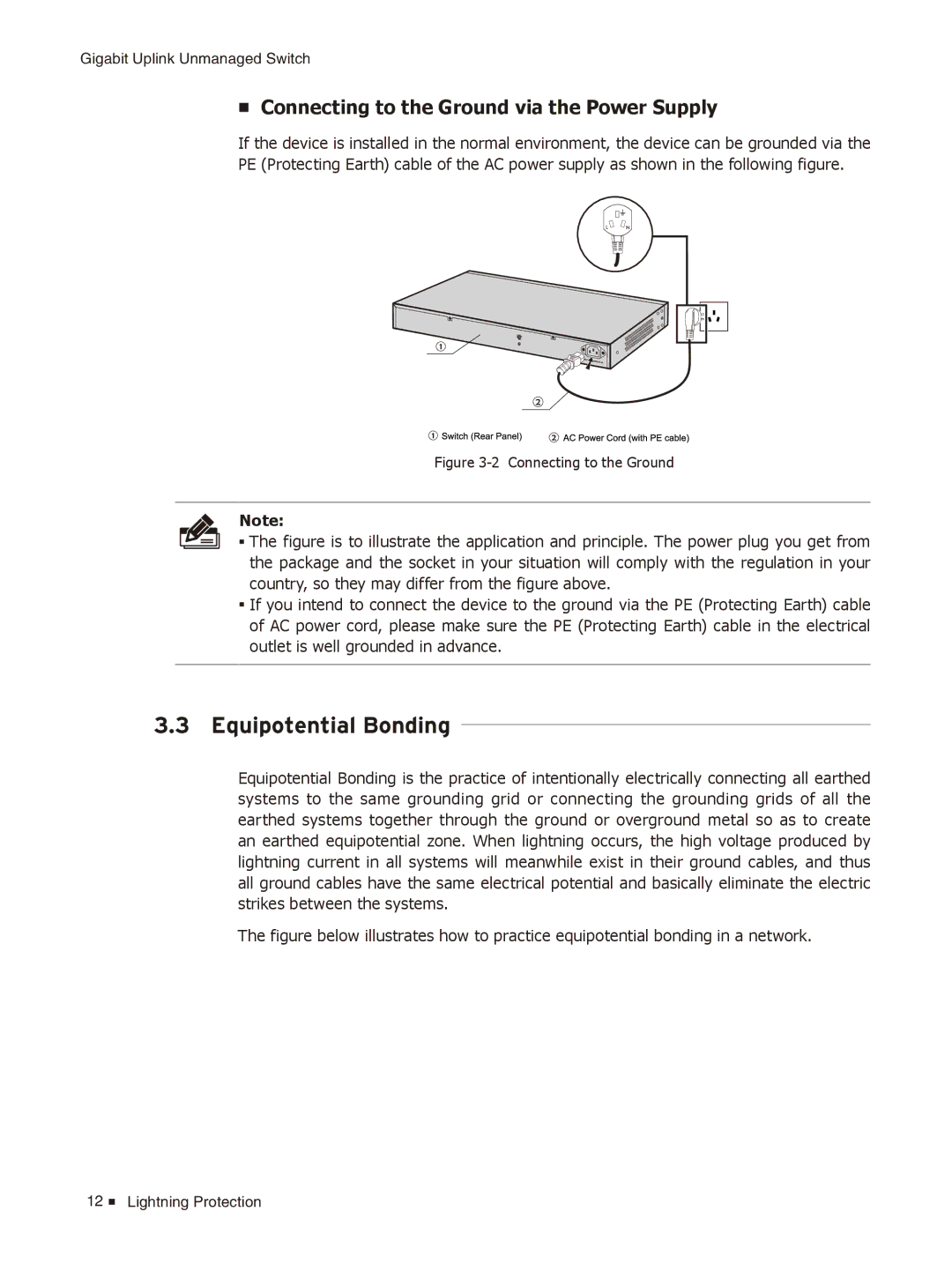 TP-Link TL-SL1226/TL-SL1351 manual Equipotential Bonding, Connecting to the Ground via the Power Supply 