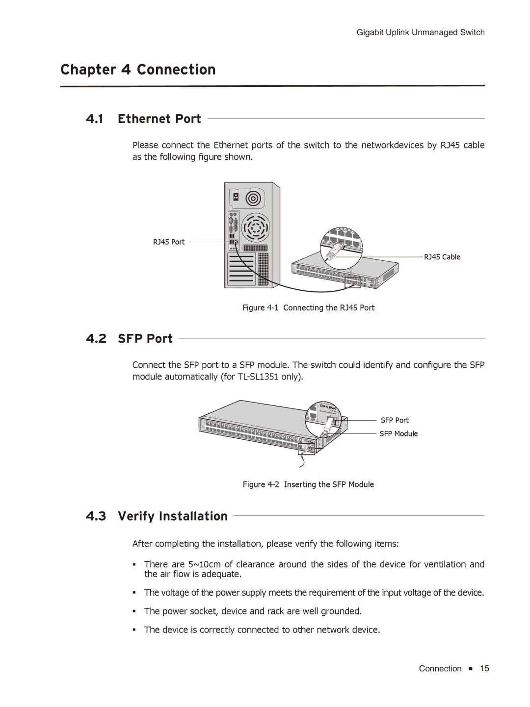 TP-Link TL-SL1226/TL-SL1351 manual Connection, Ethernet Port, SFP Port, Verify Installation 