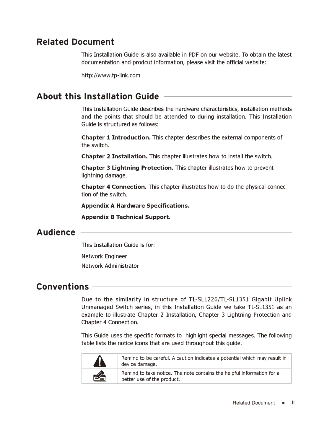 TP-Link TL-SL1226/TL-SL1351 manual Related Document About this Installation Guide, Audience, Conventions 