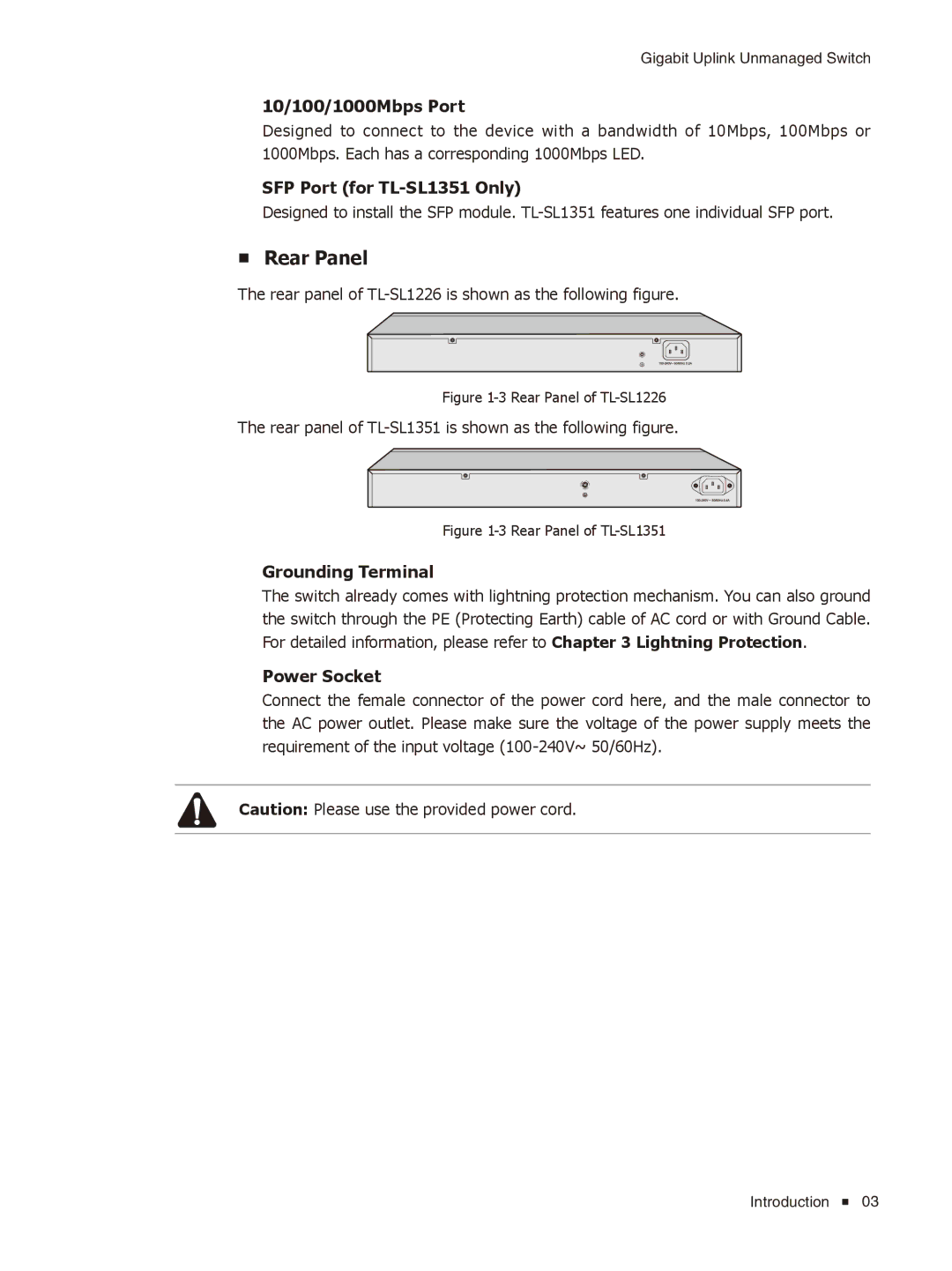 TP-Link TL-SL1226/TL-SL1351 manual Rear Panel, 10/100/1000Mbps Port, SFP Port for TL-SL1351 Only, Grounding Terminal 