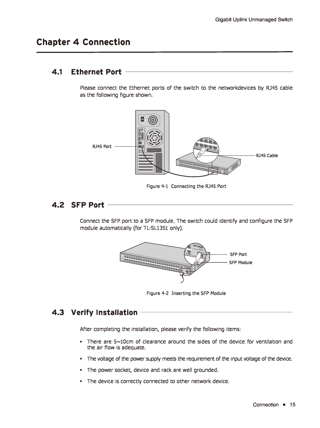 TP-Link TL-SL1226/TL-SL1351 manual Connection, Ethernet Port, SFP Port, Verify Installation 