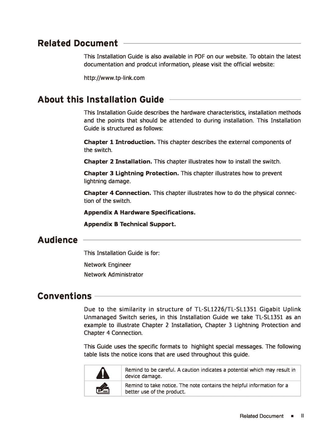 TP-Link TL-SL1226/TL-SL1351 manual Related Document, About this Installation Guide, Audience, Conventions 