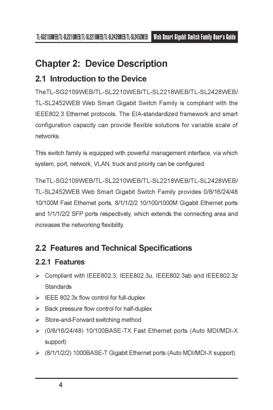 TP-Link TL-SL2452WEB, TL-SL2210WEB Device Description, Introduction to the Device, Features and Technical Specifications 