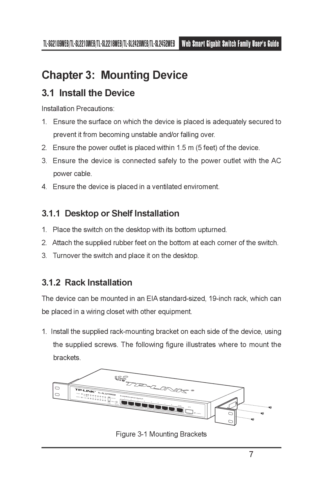 TP-Link TL- SL2428WEB, TL-SL2210WEB Mounting Device, Install the Device, Desktop or Shelf Installation, Rack Installation 