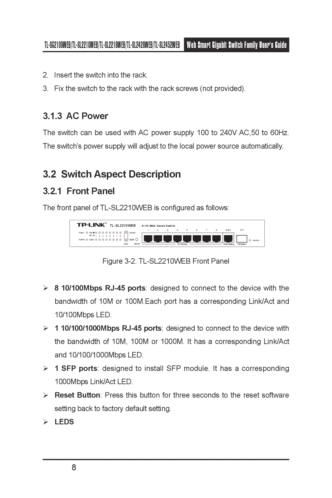 TP-Link TL-SL2210WEB, TL-SL2452WEB, TL-SL2218WEB, TL-SG2109WEB manual Switch Aspect Description, AC Power, Front Panel 