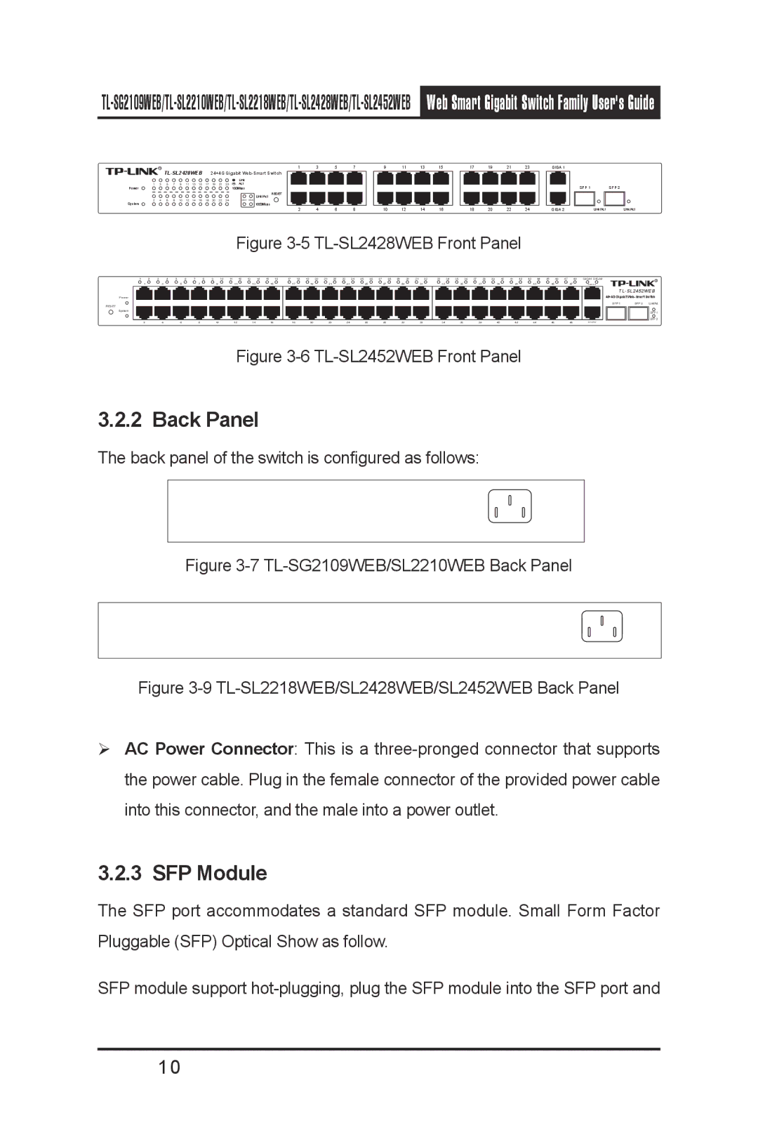 TP-Link TL-SL2218WEB, TL-SL2210WEB, TL-SL2452WEB, TL-SG2109WEB, TL- SL2428WEB manual Back Panel, SFP Module 