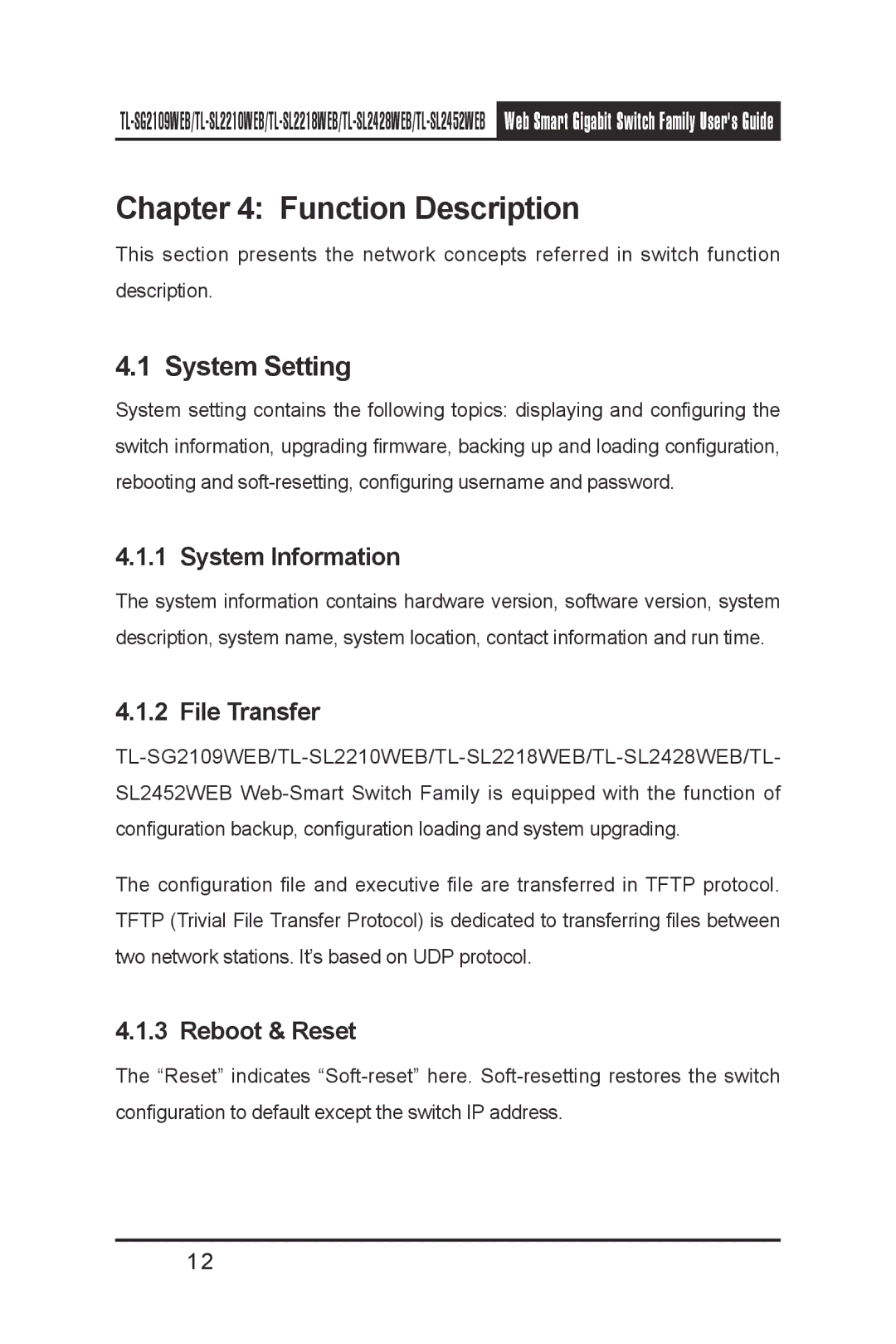 TP-Link TL- SL2428WEB manual Function Description, System Setting, System Information, File Transfer, Reboot & Reset 