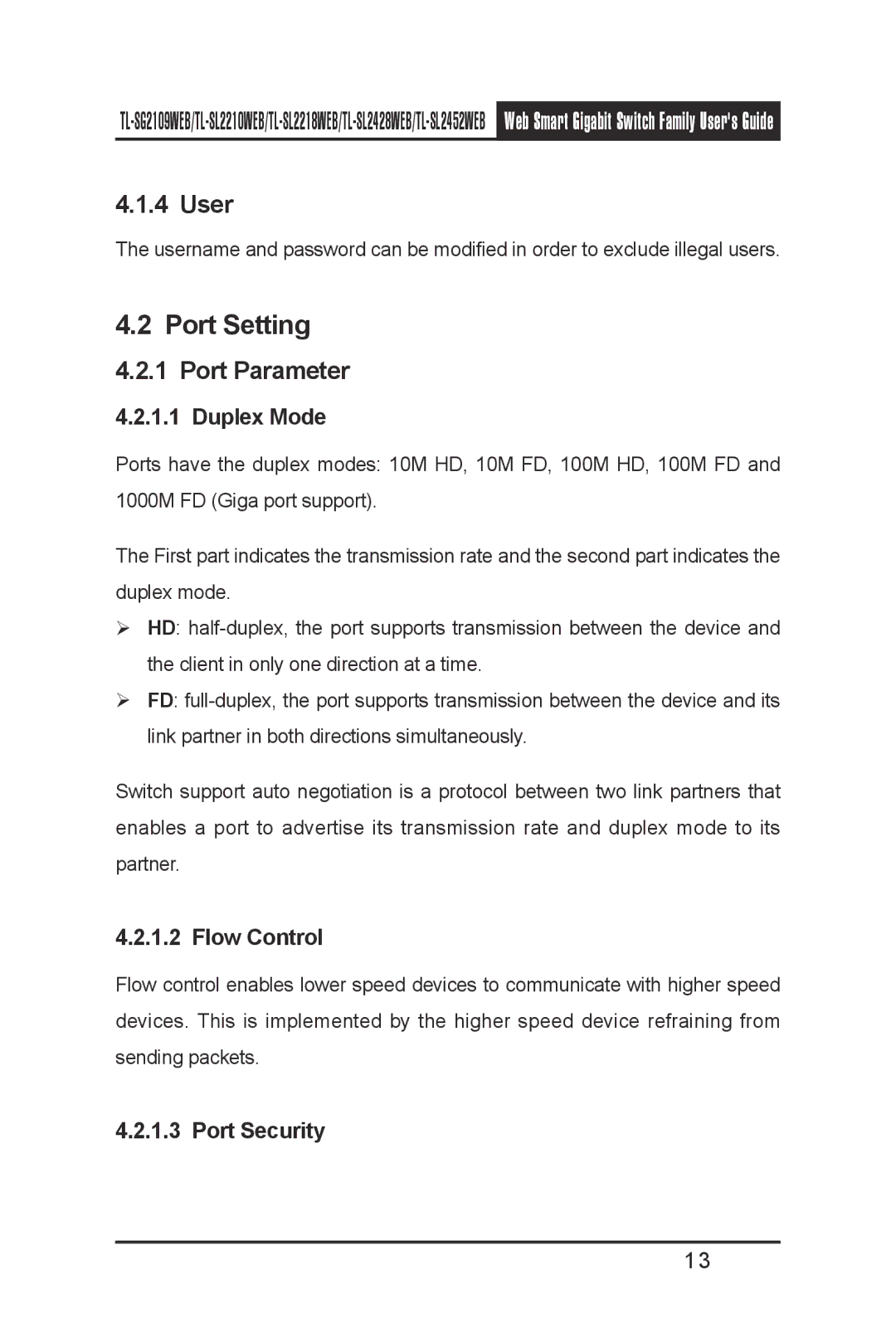 TP-Link TL-SL2210WEB, TL-SL2452WEB, TL-SL2218WEB, TL-SG2109WEB, TL- SL2428WEB manual Port Setting, User, Port Parameter 