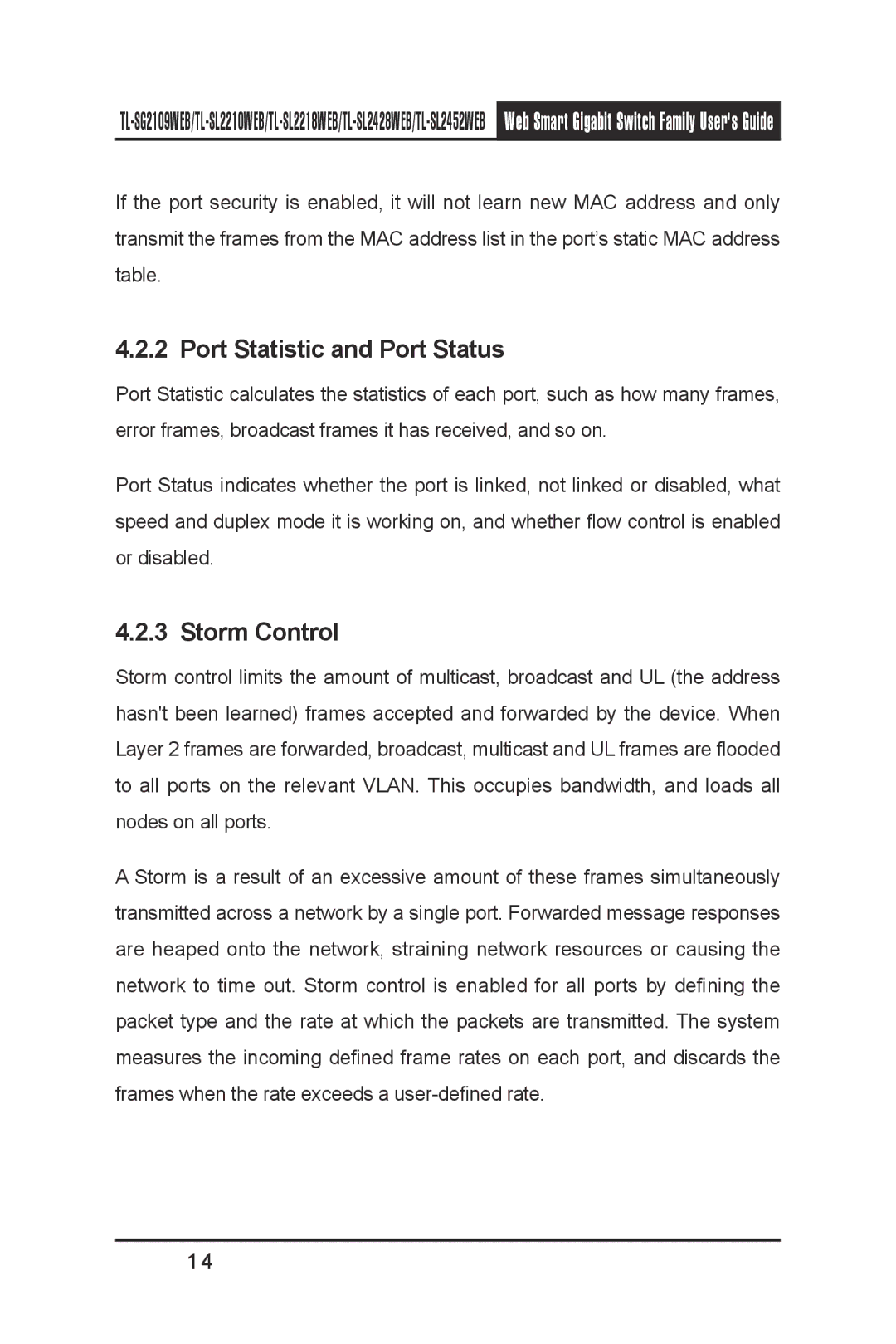 TP-Link TL-SL2452WEB, TL-SL2210WEB, TL-SL2218WEB, TL-SG2109WEB, TL- SL2428WEB Port Statistic and Port Status, Storm Control 