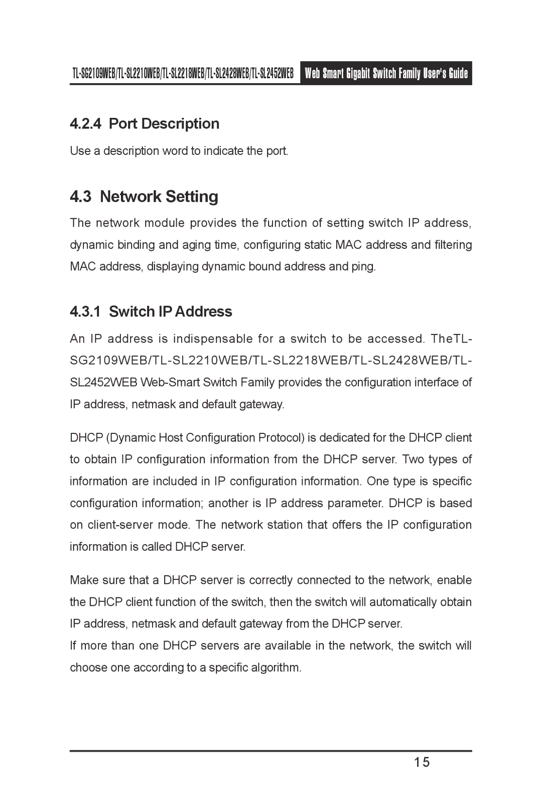 TP-Link TL-SL2218WEB, TL-SL2210WEB, TL-SL2452WEB, TL-SG2109WEB manual Network Setting, Port Description, Switch IP Address 