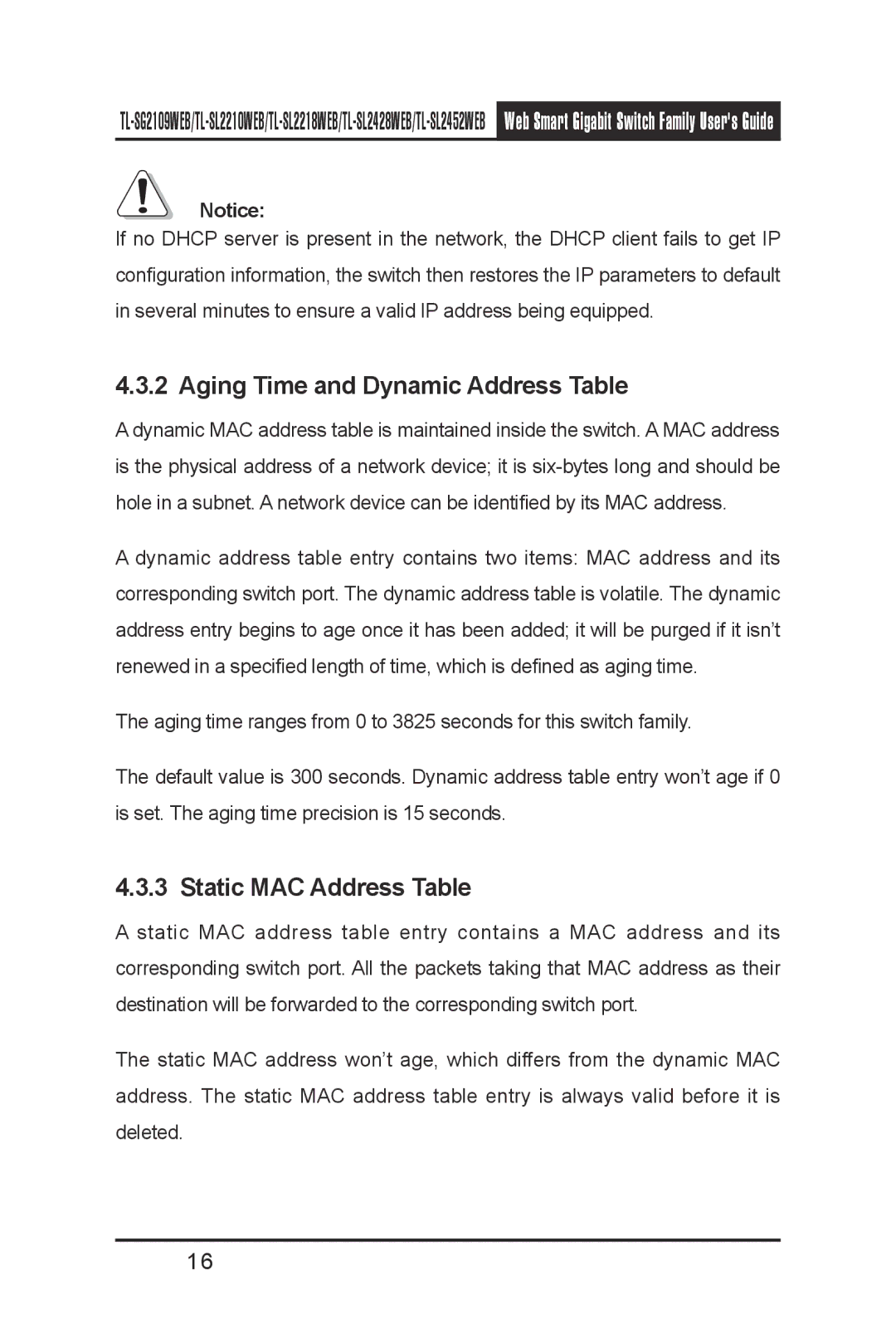 TP-Link TL-SG2109WEB, TL-SL2210WEB, TL-SL2452WEB manual Aging Time and Dynamic Address Table, Static MAC Address Table 