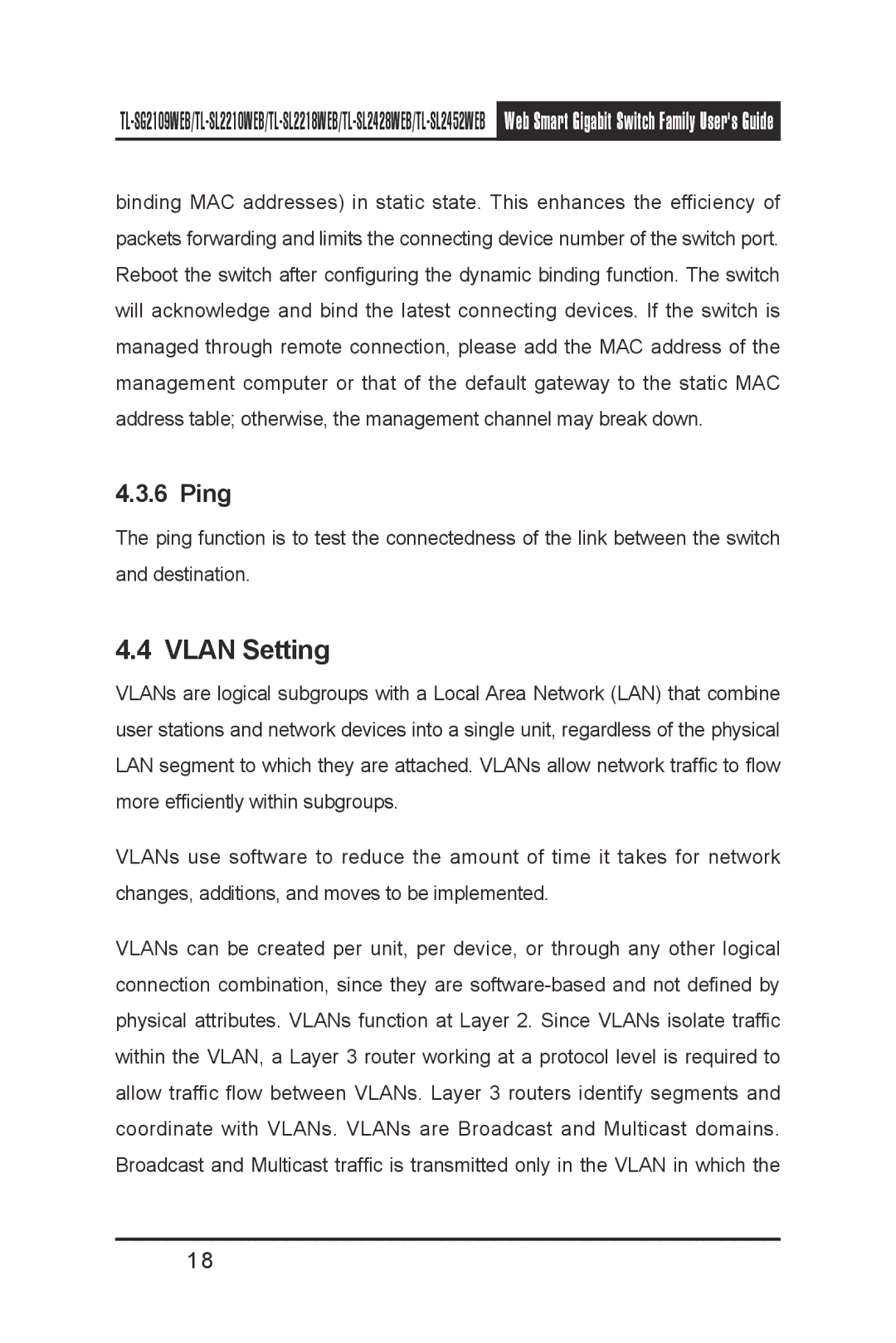 TP-Link TL-SL2210WEB, TL-SL2452WEB, TL-SL2218WEB, TL-SG2109WEB, TL- SL2428WEB manual Vlan Setting, Ping 