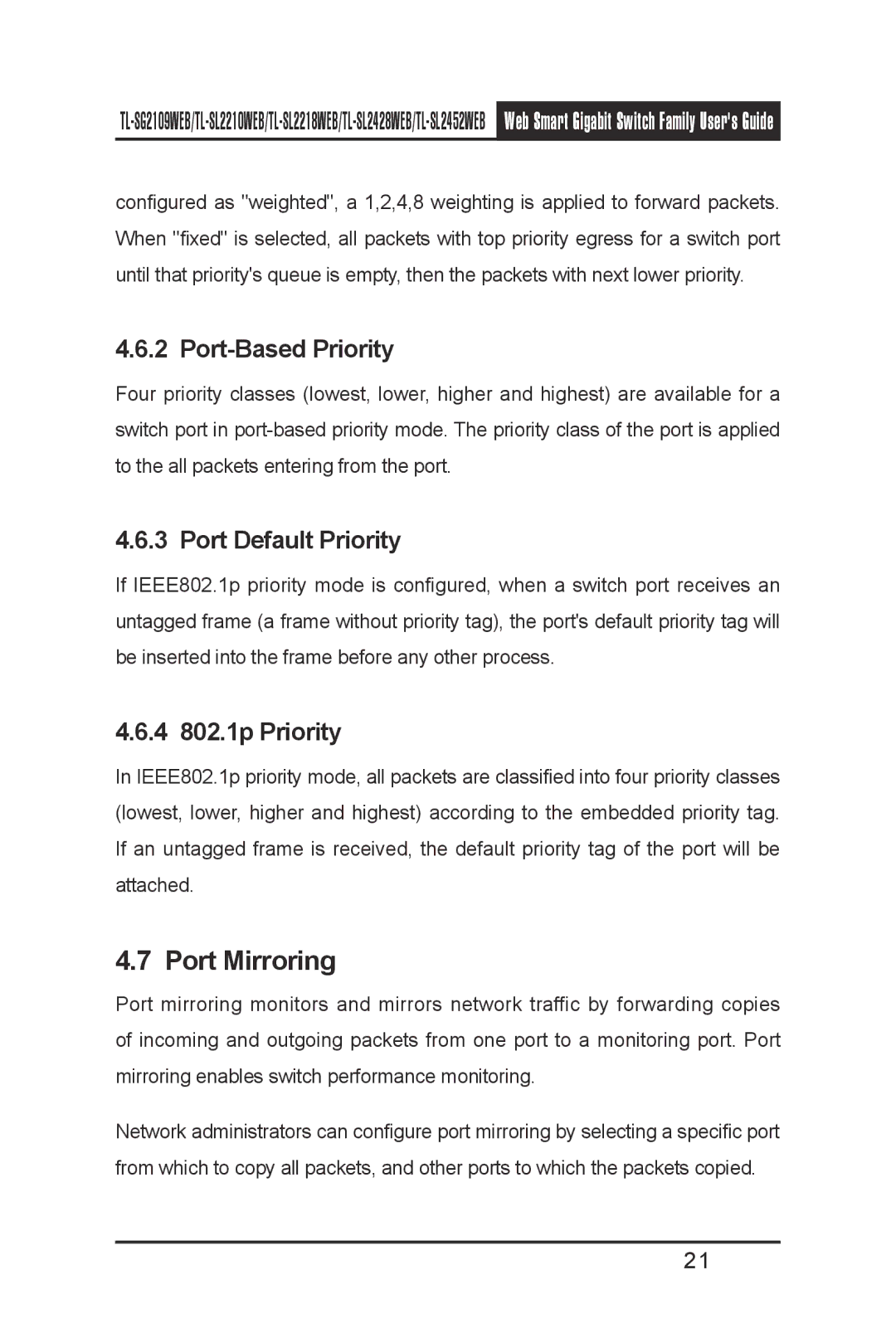 TP-Link TL-SG2109WEB, TL-SL2210WEB manual Port Mirroring, Port-Based Priority, Port Default Priority, 4 802.1p Priority 