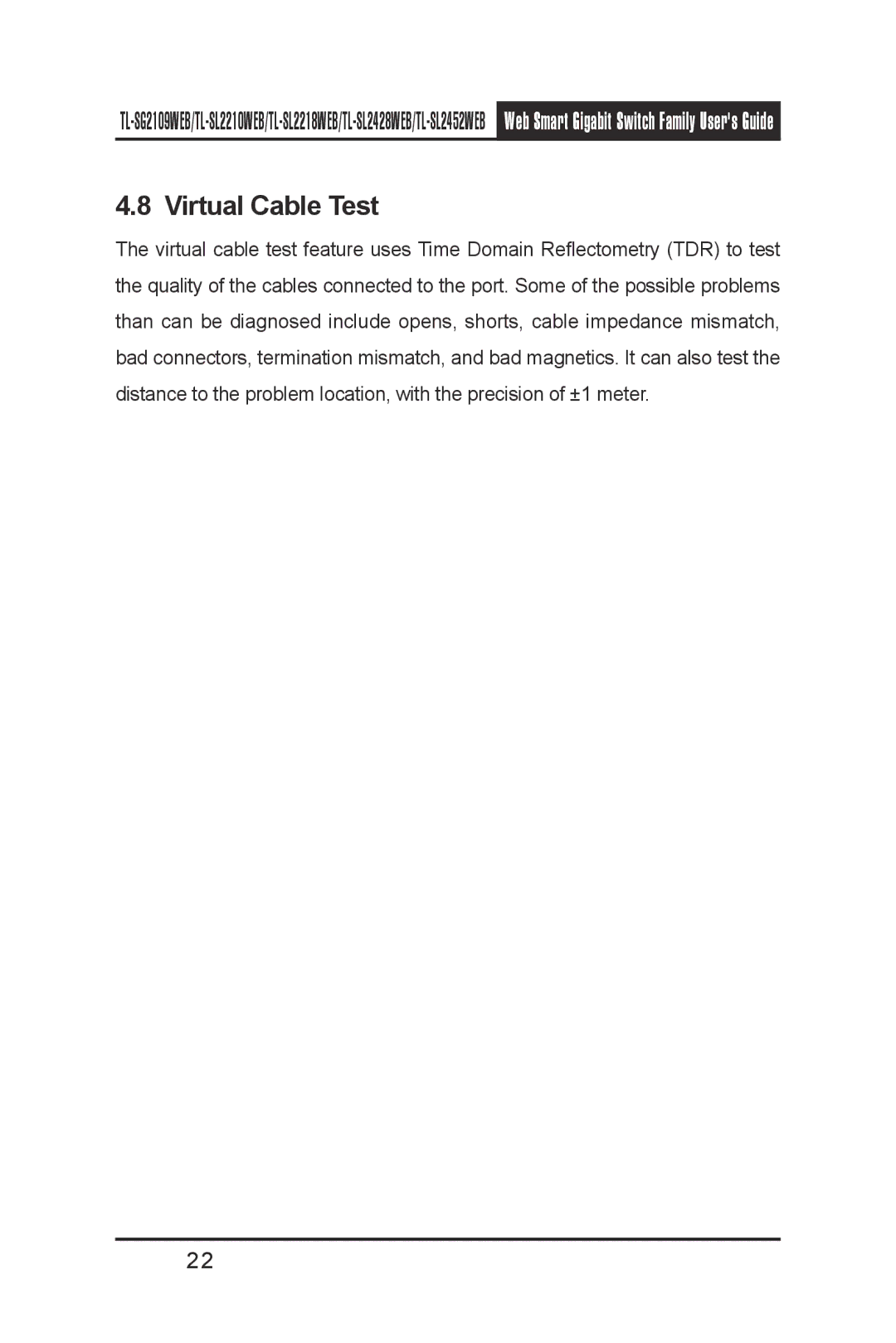 TP-Link TL- SL2428WEB, TL-SL2210WEB, TL-SL2452WEB, TL-SL2218WEB, TL-SG2109WEB manual Virtual Cable Test 