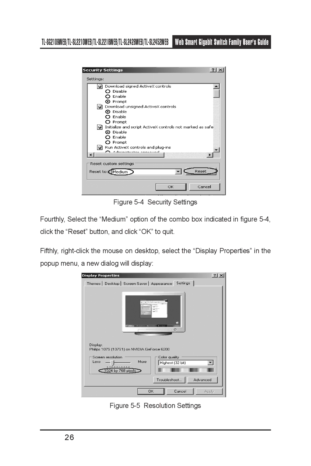 TP-Link TL-SG2109WEB, TL-SL2210WEB, TL-SL2452WEB, TL-SL2218WEB, TL- SL2428WEB manual Resolution Settings 