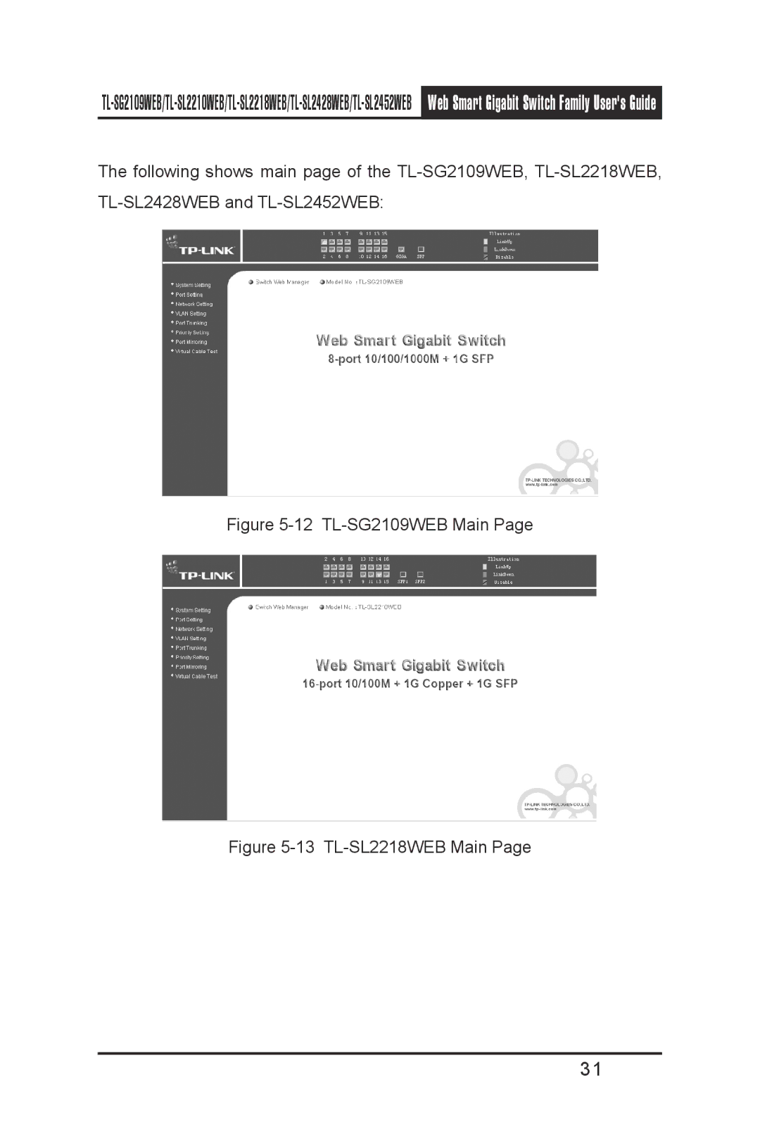 TP-Link TL-SL2210WEB, TL-SL2452WEB, TL-SL2218WEB, TL- SL2428WEB manual TL-SG2109WEB Main 