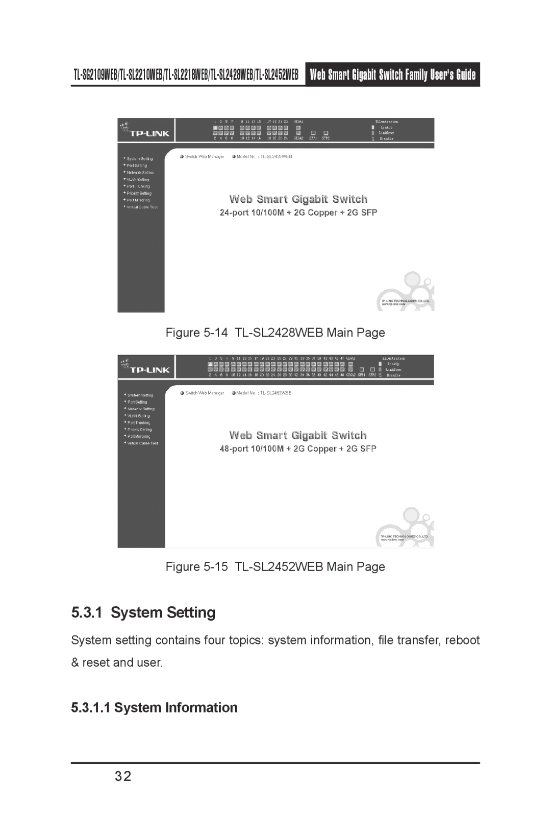 TP-Link TL- SL2428WEB, TL-SL2210WEB, TL-SL2452WEB, TL-SL2218WEB, TL-SG2109WEB manual System Setting, System Information 