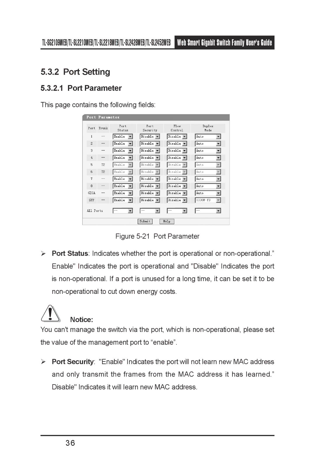 TP-Link TL-SG2109WEB, TL-SL2210WEB, TL-SL2452WEB, TL-SL2218WEB, TL- SL2428WEB manual Port Setting, Port Parameter 