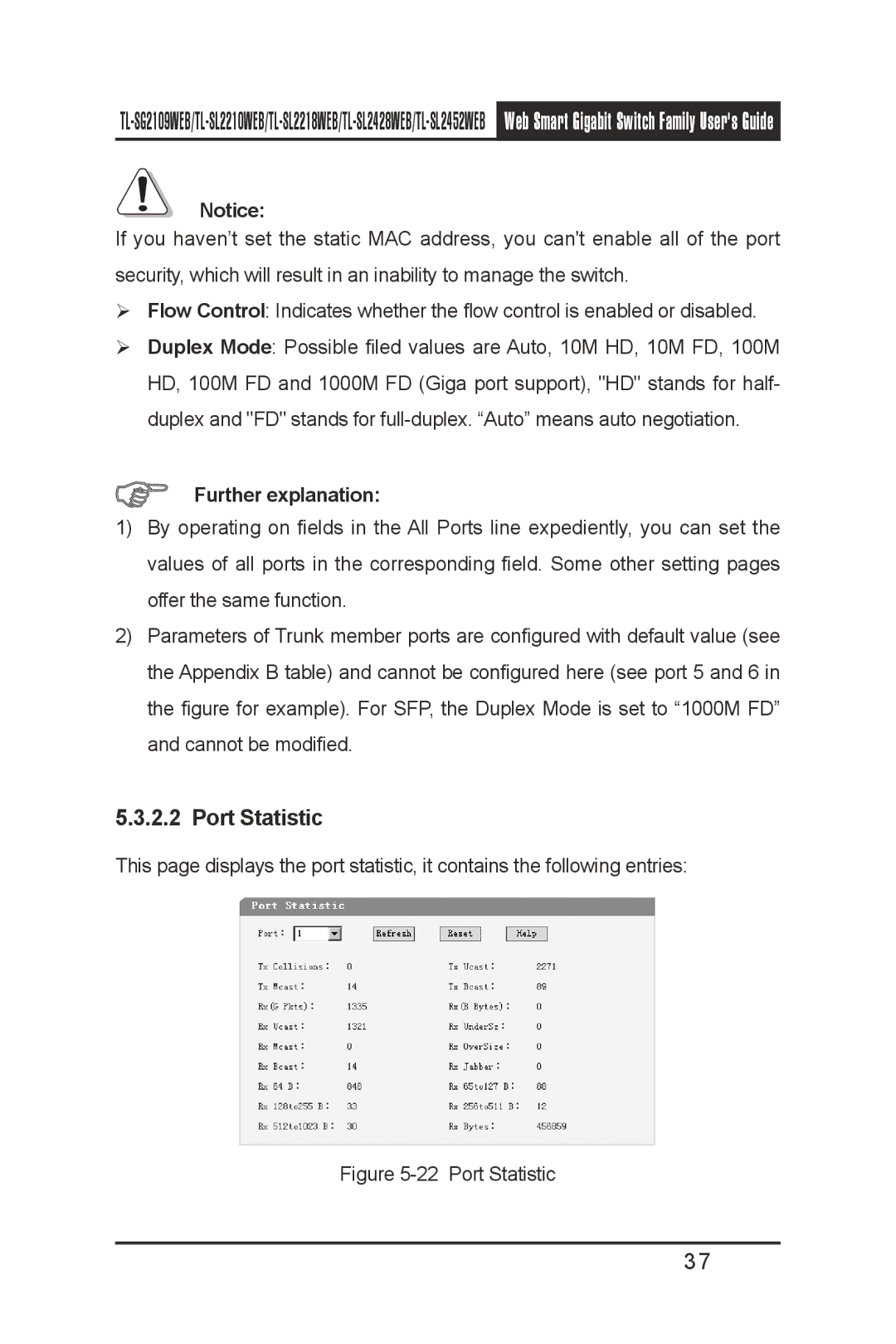 TP-Link TL- SL2428WEB, TL-SL2210WEB, TL-SL2452WEB, TL-SL2218WEB, TL-SG2109WEB manual Port Statistic 