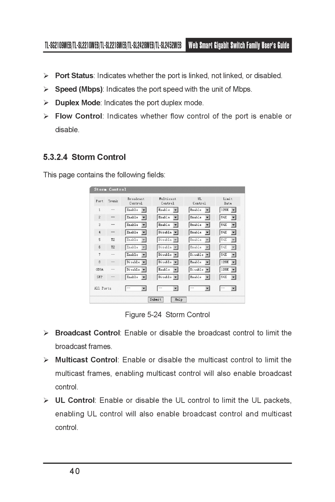 TP-Link TL-SL2218WEB, TL-SL2210WEB, TL-SL2452WEB, TL-SG2109WEB, TL- SL2428WEB manual Storm Control 