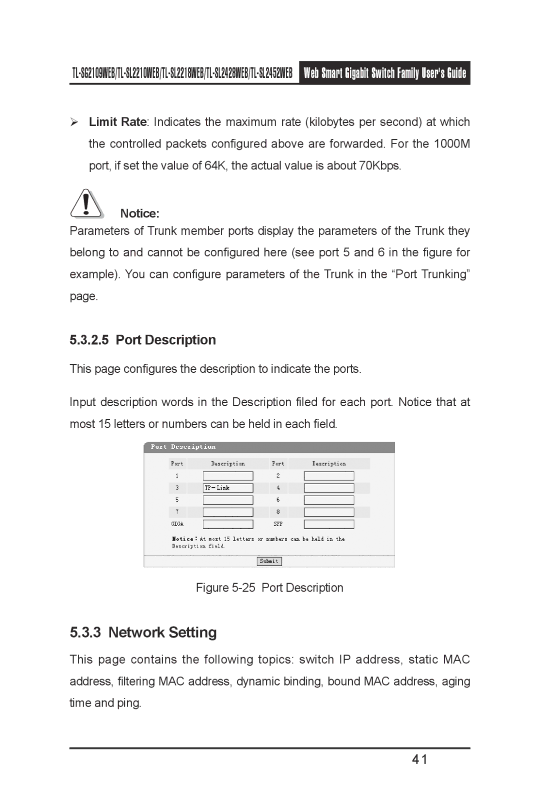 TP-Link TL-SG2109WEB, TL-SL2210WEB, TL-SL2452WEB, TL-SL2218WEB, TL- SL2428WEB manual Network Setting, Port Description 