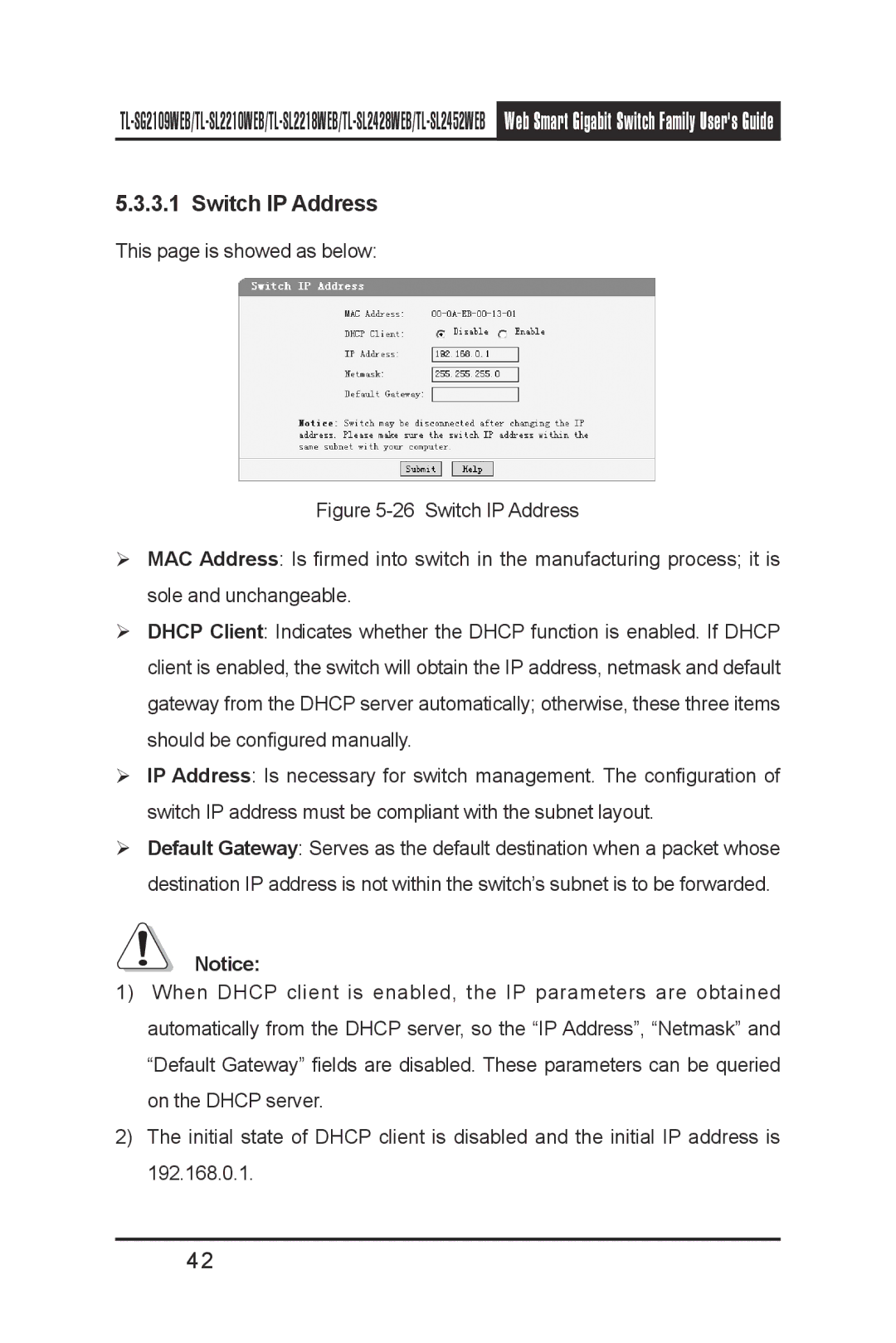 TP-Link TL- SL2428WEB, TL-SL2210WEB, TL-SL2452WEB, TL-SL2218WEB, TL-SG2109WEB manual Switch IP Address 