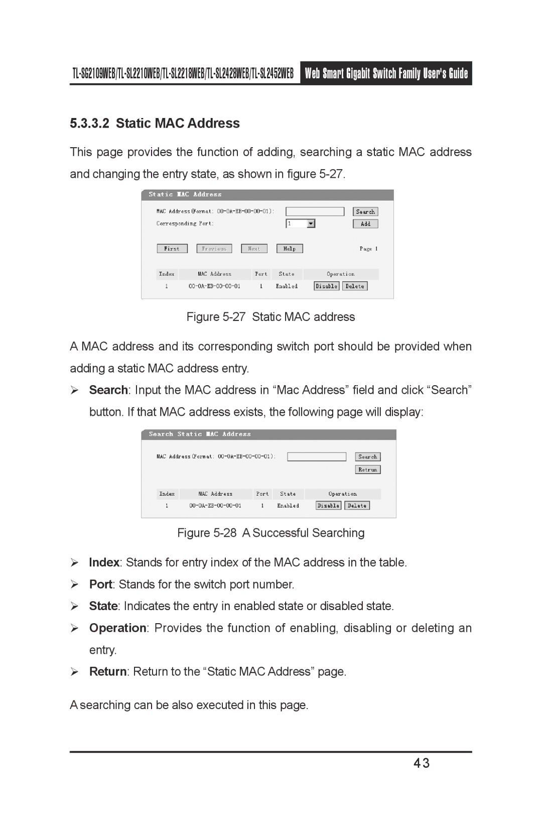 TP-Link TL-SL2210WEB, TL-SL2452WEB, TL-SL2218WEB, TL-SG2109WEB, TL- SL2428WEB manual Static MAC Address 