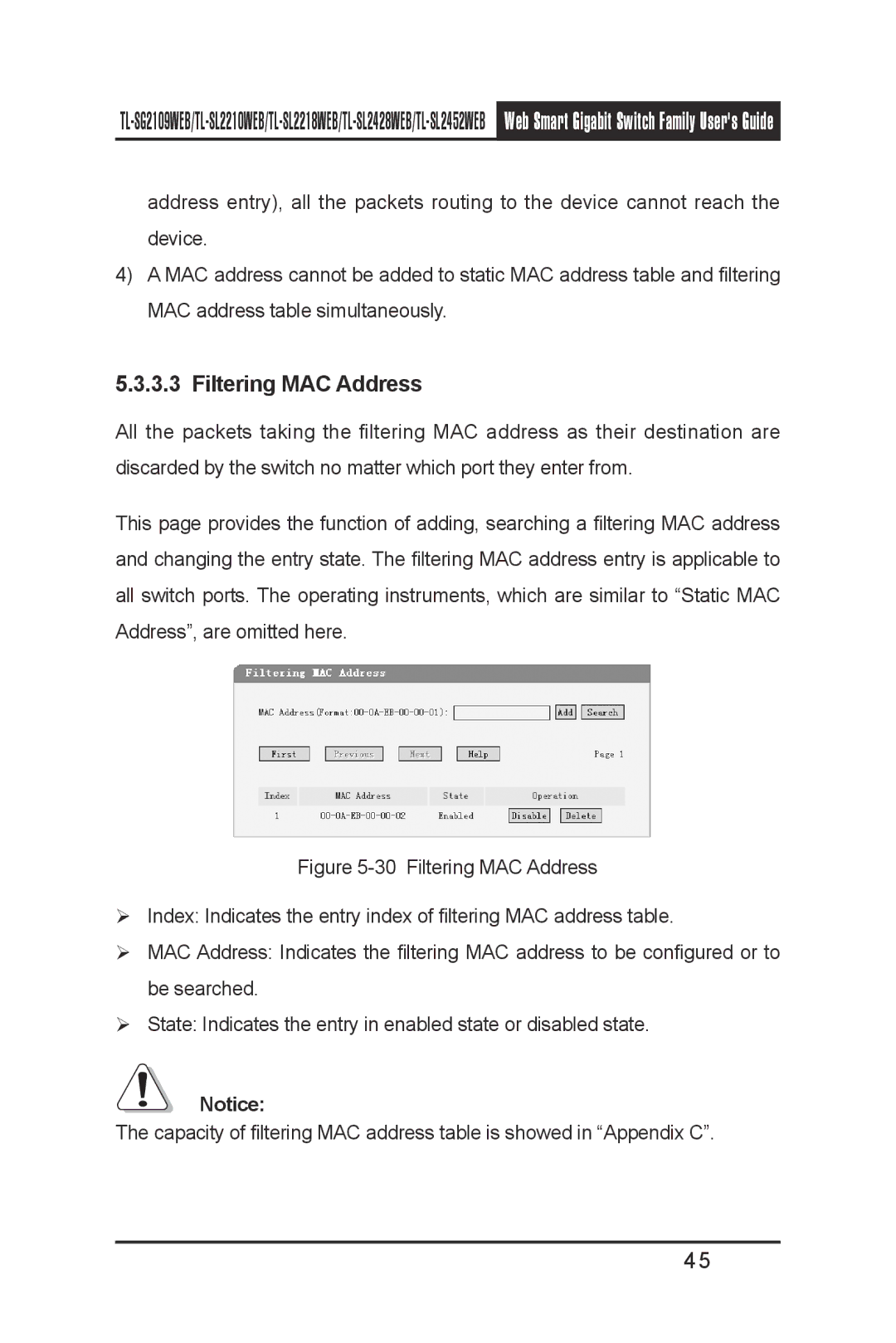 TP-Link TL-SL2218WEB, TL-SL2210WEB, TL-SL2452WEB, TL-SG2109WEB, TL- SL2428WEB manual Filtering MAC Address 