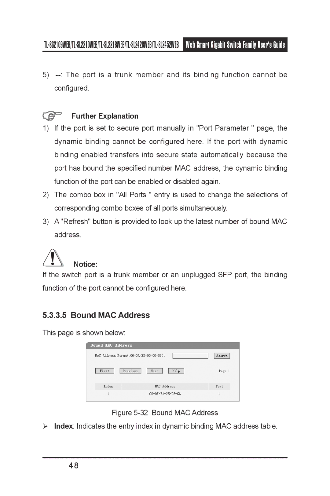 TP-Link TL-SL2210WEB, TL-SL2452WEB, TL-SL2218WEB, TL-SG2109WEB, TL- SL2428WEB Bound MAC Address, This page is shown below 